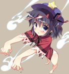  barefoot black_hair blue_eyes blush from_above hat miyako_yoshika no_pants ofuda outstretched_arms panties short_hair side_ponytail solo star takashiru touhou underwear zombie_pose 