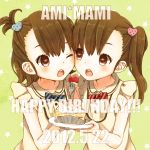  :o ;o blush bow eating food futami_ami futami_mami hair_ornament idolmaster mizutamako multiple_girls siblings twins wink 