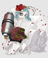  1girl aqua_eyes breasts bridal_veil closed_mouth commentary_request dress falling_petals flower full_body grey_background grey_eyes hair_flower hair_ornament highres holding holding_weapon hydra_splatling_(splatoon) layered_dress long_dress long_hair looking_at_viewer medium_breasts octoling octoling_girl octoling_player_character oekakimiiinya petals red_flower red_petals red_rose rose shoes smile solo splatoon_(series) standing tentacle_hair veil weapon wedding_dress white_background white_dress white_shoes 