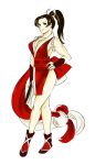  1girl bare_shoulders breasts brown_eyes brown_hair cleavage fan fatal_fury hand_on_hip hips japanese_clothes king_of_fighters large_breasts long_hair meispirit ponytail shiranui_mai sideboob snk solo tabi vambraces 