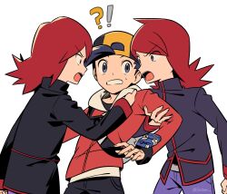  !? 3boys black_hair black_jacket black_pants chueog clothes_grab commentary_request cowlick ethan_(pokemon) grey_eyes hat highres jacket jacket_grab korean_commentary long_hair long_sleeves looking_at_another male_focus multiple_boys open_mouth pants pokegear pokemon pokemon_heartgold_and_soulsilver red_hair red_jacket short_hair silver_(pokemon) sweatdrop teeth upper_teeth_only 