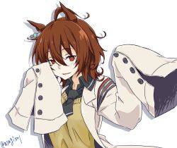  1girl agnes_tachyon_(tach-nology)_(umamusume) agnes_tachyon_(umamusume) animal_ears asagi501 black_necktie black_shirt breasts brown_hair chemical_structure_earrings coat collared_shirt commentary_request drop_shadow hair_between_eyes hands_up high_collar highres horse_ears horse_girl lab_coat looking_at_viewer medium_hair messy_hair necktie open_clothes open_coat open_mouth parted_lips red_eyes shirt simple_background sleeves_past_fingers sleeves_past_wrists small_breasts smile solo sweater umamusume upper_body white_background white_coat wing_collar yellow_sweater 