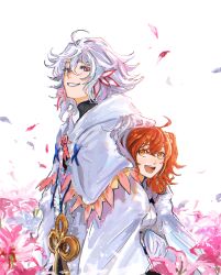  1boy 1girl ahoge back-to-back black_shirt chaldea_master_uniform choroi_amachori clothes_grab commentary_request falling_petals fate/grand_order fate_(series) flower fujimaru_ritsuka_(female) hair_between_eyes hair_ornament hair_scrunchie highres hooded_robe jacket long_hair long_sleeves looking_at_another medium_hair merlin_(fate) one_side_up open_mouth orange_eyes orange_hair parted_lips petals pink_eyes pink_flower robe scrunchie shirt smile teeth turtleneck turtleneck_shirt white_background white_hair white_jacket white_robe yellow_scrunchie 