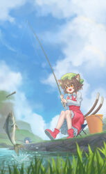  2girls :d absurdres animal_ear_fluff blue_eyes blue_hair blue_sky bucket chen clouds commentary_request day drill_hair drill_sidelocks fins fish fishing fishing_rod frilled_skirt frills head_fins highres holding holding_fishing_rod merfolk mermaid monster_girl multiple_girls open_mouth outdoors red_skirt red_vest sidelocks sitting skirt sky smile solo_focus toorooo touhou vest wakasagihime water 
