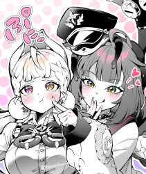  2girls :t absurdres ahoge alice_thymefield animal_ears breasts cardigan character_name cheek_poking commentary_request fingernails green_eyes greyscale_with_colored_background grin hair_ornament hat heart heterochromia highres kamanosuke_(zenless_zone_zero) long_hair long_sleeves multiple_girls poking polka_dot polka_dot_background rabbit_ears rabbit_girl raccoon red_eyes shirt smile sphere_hair_ornament spot_color tsumorimorimori ukinami_yuzuha yellow_eyes zenless_zone_zero 