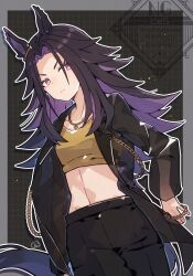  1girl animal_ears black_hair black_jacket black_pants bracelet chain closed_mouth commentary_request cropped_shirt fenomeno_(umamusume) flipped_hair gb_cestus gold_bracelet gold_chain gold_necklace highres horse_ears horse_girl horse_tail jacket jewelry long_hair long_sleeves looking_at_viewer multicolored_hair necklace official_alternate_costume open_clothes open_jacket pants purple_hair shirt tail umamusume violet_eyes yellow_shirt 