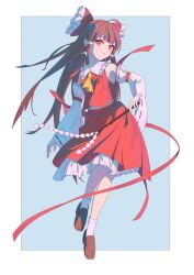  1girl ascot bow brown_hair brown_shoes chinese_commentary commentary_request detached_sleeves frilled_bow frilled_hair_tubes frills full_body gohei hair_bow hair_tubes hakurei_reimu highres holding holding_gohei long_hair looking_at_viewer lu_hua_gai red_bow red_eyes red_skirt ribbon-trimmed_sleeves ribbon_trim shoes skirt skirt_set socks solo touhou very_long_hair white_socks yellow_ascot 
