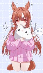  1girl absurdres animal_ears blue_background commentary_request cropped_legs fluffy highres horse_ears horse_girl horse_tail long_hair looking_at_viewer multicolored_hair pink_sweater red_eyes solo standing still_in_love_(umamusume) streaked_hair sweater tail tandohark thighs umamusume white_hair white_streaks 