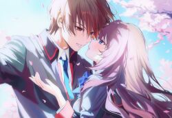  1boy 1girl a-chan_(little_busters!) backlighting black_jacket black_shirt blue_bow blue_bowtie blue_eyes blue_necktie blue_sky blurry blurry_background blush bow bowtie brown_hair cherry_blossoms collared_shirt commentary_request couple day dress_shirt eye_contact eyelashes eyes_visible_through_hair face-to-face falling_petals floating_hair hair_between_eyes half-closed_eyes hand_up hetero imminent_kiss jacket lips little_busters! little_busters!_school_uniform long_hair long_sleeves looking_at_another miiizuno_lbs natsume_kyousuke necktie nose outdoors parted_lips petals profile red_eyes school_uniform shirt short_hair sidelocks sky smile spring_(season) sunlight tsurime upper_body very_long_hair white_shirt 