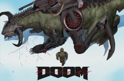  absurdres akira_(manga) armor assault_visor demon doom_(series) doomguy genu_uneg green_armor highres movie_poster_(medium) parody poster_parody praetor_suit shield_saw_(doom) shoulder_cannon space_marine title_parody 
