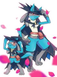  black_cape black_fur black_hat blue_fur cape commentary_request cosplay evolutionary_line hakata_no_kuma hat highres looking_at_viewer lucario multicolored_fur petals pink_petals pokemon pokemon:_lucario_and_the_mystery_of_mew pokemon_(anime) pokemon_(creature) pokemon_the_series:_ruby_and_sapphire red_eyes riolu simple_background sir_aaron sir_aaron_(cosplay) tail white_background 