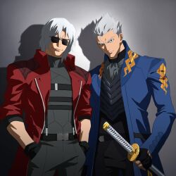  absurdres belt blue_coat blue_eyes boots coat dante_(devil_may_cry) devil_may_cry_(series) fingerless_gloves gloves grey_background hands_in_pockets highres holding holding_sword holding_weapon leather_coat long_coat long_hair official_art red_coat short_hair simple_background sunglasses sword vergil_(devil_may_cry) weapon yamato_(sword) 