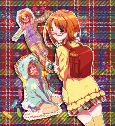  1girl backpack bad_id bad_pixiv_id bag brown_eyes doughnut food food_in_mouth glasses hood hoodie layered_sleeves long_sleeves looking_at_viewer miniskirt multiple_views orange_hair outline overalls pama pink-tinted_eyewear plaid_background pleated_skirt polka_dot precure randoseru semi-rimless_eyewear shirabe_ako short_hair short_over_long_sleeves short_sleeves skirt solo star_(symbol) suite_precure thigh-highs tinted_eyewear 