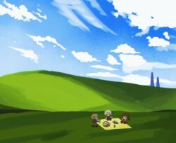  .flow 3girls bliss_(image) blonde_hair blue_sky braid brown_hair chibi chibi_only closed_eyes clouds cloudy_sky commentary dickydoboy drink eating food grass highres hill holding holding_drink landscape madotsuki mountain multiple_girls no_mouth onigiri picnic picnic_basket picnic_blanket sabitsuki sky soda twin_braids untranslatable_commentary urotsuki white_hair yume_2kki yume_nikki 