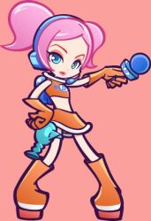  1girl blue_eyes boots corn_xyrup crop_top cyber_fashion energy_gun gloves headset holding holding_microphone jetpack looking_at_viewer lowres microphone orange_boots orange_gloves pink_hair platform_boots ray_gun retrofuturism short_twintails sleeveless space_channel_5 twintails ulala weapon 