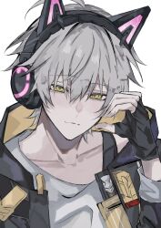  1boy animal_ear_headphones animal_ears black_gloves black_jacket blush caelus_(honkai:_star_rail) cat_ear_headphones cat_ears closed_mouth collarbone fake_animal_ears fingerless_gloves fingernails gloves grey_hair hair_between_eyes half-closed_eyes half-heart_hands hand_up headphones highres honkai:_star_rail honkai_(series) hood hooded_jacket iota_1600 jacket lapels looking_at_viewer male_focus open_clothes open_jacket shirt short_hair simple_background smile solo t-shirt tassel trailblazer_(honkai:_star_rail) two-sided_fabric two-sided_jacket upper_body white_background white_shirt yellow_eyes yellow_jacket 