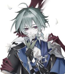  1boy ahoge armor black_gloves blue_shirt choker collared_shirt colored_extremities commentary_request earrings expressionless falling_petals flower genshin_impact gloves grabbing_another's_head green_hair hair_between_eyes hair_intakes hand_on_another's_shoulder highres jewelry lohen_(genshin_impact) long_sleeves looking_to_the_side male_focus mole mole_under_eye multicolored_eyes pauldrons petals red_hands shirt short_hair shoulder_armor single_earring single_pauldron smelling smelling_flower solo straight-on white_background yaduka 