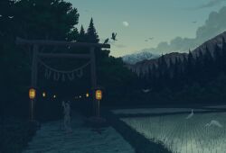  1girl animal arm_at_side bird black_bird black_hair commentary_request crow dawn egret_(animal) floral_print floral_print_kimono forest fox_mask from_side gensuke_(ryun) hand_up highres holding holding_mask japanese_clothes kimono lantern looking_at_viewer looking_to_the_side mask moon mountain mountainous_horizon nature original paper_lantern print_kimono rice_paddy rope sandals scenery shimenawa short_hair simple_bird solo standing star_(sky) torii tree white_bird wide_shot 