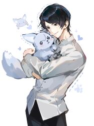  1boy absurdres animal black_eyes black_hair black_pants closed_mouth cowboy_shot eungkoyaru heart highres holding holding_animal kitagawa_yusuke long_sleeves male_focus oc_x_canon pants persona persona_5 shirt short_hair simple_background smile solo white_background white_shirt 