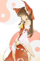  1girl absurdres ascot askeladd6713 bow brown_eyes brown_hair chinese_commentary closed_mouth commentary_request detached_sleeves frilled_bow frilled_hair_tubes frills gohei hair_bow hair_tubes hakurei_reimu highres holding holding_gohei long_hair looking_at_viewer orb red_bow red_skirt ribbon-trimmed_sleeves ribbon_trim skirt skirt_set solo touhou yellow_ascot yin_yang yin_yang_orb 