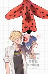  1boy 1girl adrien_agreste black_shirt blue_hair bodysuit closed_eyes commentary_request eye_mask grid_background heart highres jacket ladybug_(miraculous_ladybug) marinette_dupain-cheng mask miraculous_ladybug polka_dot_bodysuit red_bodysuit red_mask seio_(nao_miragggcc45) shirt smile superhero_costume twitter_username upside-down watermark white_jacket 