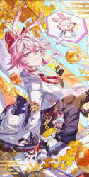  1girl absurdres animal_ears animalization asymmetrical_gloves black_gloves black_pantyhose blue_skirt breasts commentary_request evanescia_(honkai:_star_rail) fingerless_gloves fox_ears fox_girl gloves highres honkai:_star_rail honkai_(series) jacket large_breasts looking_at_viewer mismatched_gloves pantyhose pink_hair revision shirt short_hair_with_long_locks sitting skirt smile solo trailblazer_(baseball_raccoon)_(honkai:_star_rail) trailblazer_(honkai:_star_rail) violet_eyes white_gloves white_jacket white_shirt yunxiagong 