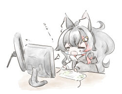  animal_ear_fluff animal_ears at_computer black_hair black_hoodie chibi chibi_only closed_mouth commentary_request computer computer_keyboard crying desk facing_viewer fang from_side hair_ornament hairclip hololive hood hoodie long_hair messy_hair monitor ookami_mio open_mouth pene simple_background skin_fang upper_body white_background wolf_ears wolf_girl 