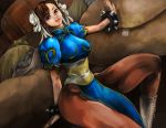  barrel boots bracelet breasts brown_eyes brown_hair china_dress chinese_clothes chun-li curvy double_bun dutch_angle jewelry kazaana legs lips pantyhose sack short_hair solo spiked_bracelet spikes street_fighter street_fighter_ii thick_thighs thighs 