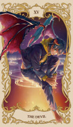  1boy back_peek barefoot belt belt_buckle black_belt black_choker black_hair black_jacket black_pants black_wings blurry border brown_border buckle card_(medium) choker clothes_lift commentary_request demon_horns demon_wings depth_of_field drawstring fingernails floating_clothes flying fukeda_chiho gakuran green_eyes hair_between_eyes highres hood hood_down hoodie hoodie_lift horns hunched_over hypnosis_mic interlocked_fingers invisible_chair jacket jacket_lift jacket_over_hoodie knee_to_chest knee_up lens_flare long_sleeves looking_at_viewer magic_circle male_focus mole mole_under_mouth motion_blur open_clothes open_jacket ornate_border outer_glow outside_border own_hands_together pants parted_hair parted_lips red_horns red_lips red_wings school_uniform short_hair sideways_glance sitting solo tarot tarot_(medium) the_devil_(tarot) toenails twitter_username underlighting wings yamada_saburo yellow_border yellow_hoodie zipper zipper_pull_tab 