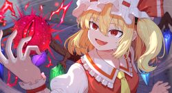  1girl :d absurdres arm_up ascot blonde_hair breasts collarbone collared_shirt commentary_request contrast_collar crackling_energy crystal crystal_wings diamond-shaped_pupils diamond_(shape) disembodied_eye dot_nose eyeball fang flandre_scarlet frilled_shirt_collar frilled_wrist_cuffs frills from_above hair_between_eyes hat hat_ribbon highres korean_commentary looking_at_object looking_up medium_hair mob_cap multicolored_wings mynameislth2 one_side_up open_mouth puffy_short_sleeves puffy_sleeves red_eyes red_pupils red_ribbon red_vest ribbon shirt short_sleeves side_ponytail sidelocks small_breasts smile solo symbol-shaped_pupils tile_floor tiles touhou turning_head vest white_shirt wings wrist_cuffs yellow_ascot 