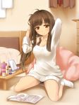 bad_id bed big_wednesday blush book brown_hair looking_at_viewer messy_hair mirror original sitting smile solo sweater yellow_eyes 