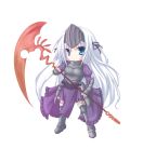  armor armored_dress blue_eyes breastplate chibi eucliwood_hellscythe gauntlets juliet_sleeves kore_wa_zombie_desu_ka? kuena long_hair long_sleeves puffy_sleeves simple_background solo very_long_hair visor_(armor) white_background white_hair 