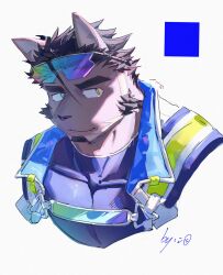  1boy animal_ears artist_name beard cat_boy cat_ears closed_mouth commentary english_text eyewear_on_head facial_hair furry furry_male highres live_a_hero looking_to_the_side male_focus mizuirooo39 muscular muscular_male official_alternate_costume pectorals smile sunglasses tsuneaki_(live_a_hero) untranslatable_commentary upper_body 