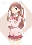  asagen atarashi_ako brown_hair cardigan long_hair ribbon saki saki_achiga-hen simple_background skirt solo wink 