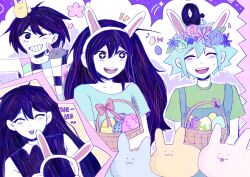  +_+ 2boys 2girls :3 absurdres antenna_hair aubrey_(headspace)_(omori) aubrey_(omori) basil_(headspace)_(omori) basil_(omori) basket blue_overalls blue_shirt bra_strap checkered_clothes closed_eyes collared_shirt colored_skin commentary double-parted_bangs easter_egg egg english_commentary flower flower_wreath forest_bunny_(omori) green_shirt grin hair_between_eyes head_wreath hector_(omori) highres holding holding_basket kel_(headspace)_(omori) kel_(omori) long_hair long_shirt looking_at_another looking_at_viewer mari_(headspace)_(omori) mari_(omori) multiple_boys multiple_girls omori one_eye_closed open_mouth overalls pet_rock purple_hair purple_sweater_vest seamussels shirt short_hair short_sleeves sidelocks smile something_(omori) sweater_vest t-shirt tank_top teeth tongue upper_teeth_only violet_eyes white_shirt white_skin 