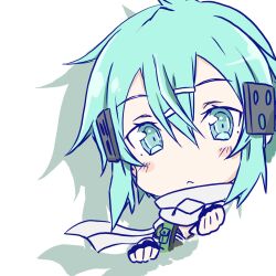  1girl :< aqua_eyes aqua_hair asagi501 black_gloves black_leotard black_trim blush_stickers chibi chibi_only closed_mouth commentary_request cropped_torso double-parted_bangs drop_shadow fingerless_gloves floating_scarf frown gloves green_jacket hair_between_eyes hair_ornament hairclip highres jacket leotard looking_at_viewer multicolored_jacket multicolored_leotard open_clothes open_jacket scarf simple_background sinon solo sword_art_online triangle_mouth two-tone_jacket two-tone_leotard upper_body white_background white_jacket white_leotard white_scarf 