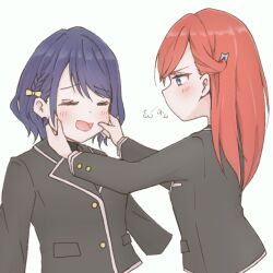  2girls :d black_jacket blazer blue_eyes blue_hair blush bow braid cheek_pinching closed_eyes commentary_request hair_bow highres jacket kinjo_maika kurumibashi_school_uniform long_hair long_sleeves looking_at_another love_live! love_live!_hasu_no_sora_jogakuin_school_idol_club love_live!_hasu_no_sora_jogakuin_school_idol_club_bloom_garden_party medium_hair multiple_girls no_mouth open_mouth pinching puff_of_air ranshou red_hair reisawa_aoi school_uniform side_braid simple_background smile thigh-highs undershirt white_background yellow_bow 