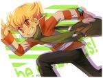  1boy artist_name bag blonde_hair grin jun_(pokemon) male nintendo orange_eyes pokemon pokemon_(game) pokemon_dppt poketch reka running scarf shoulder_bag smile solo teeth watch winter_clothes wristwatch 