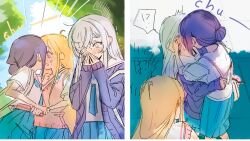  !? 3girls ahoge alternate_universe black_hair blonde_hair blush cardigan cho_kaguya-hime! commentary_request covering_own_mouth face-to-face grey_hair hixii1238 holding_another's_wrist jacket kaguya_(cho_kaguya-hime!) kiss looking_at_another multiple_girls open_mouth pink_cardigan pink_eyes pink_hair purple_jacket runami_yachiyo sakayori_iroha short_sleeves sketch spoken_interrobang yuri 