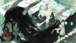  1boy absurdres black_hair black_wings bleach facial_mark food fruit hair_between_eyes hakama highres holding holding_food holding_fruit horns jacket japanese_clothes long_hair male_focus moon_phases multiple_views short_hair slit_pupils takenokoqvq ulquiorra_cifer white_hair white_hakama white_jacket wings yellow_eyes 