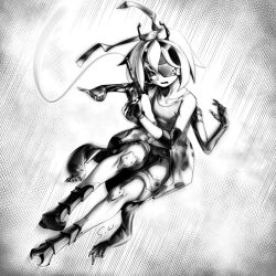  1girl absurdres antennae arthropod_girl arthropod_limbs beastiez beri_(beribug) black_hair extra_arms gloves gun hair_between_eyes handgun highres holding holding_knife knife ladybug_girl mechanical_arms medium_hair metal_eyepatch monochrome monster_girl multicolored_hair open_mouth sedua_weynn solo tank_top virtual_youtuber weapon 