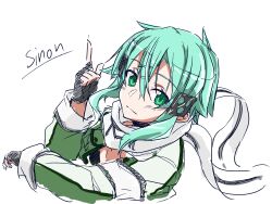 1girl absurdres aqua_hair asagi501 black_gloves black_trim character_name closed_mouth commentary_request double-parted_bangs fingerless_gloves floating_scarf gloves green_eyes green_jacket hair_between_eyes hair_ornament hairclip hand_up highres jacket light_smile long_sleeves lying medium_hair messy_hair on_stomach open_clothes open_jacket pointing pointing_up scarf sidelocks sinon sketch solo split_mouth sword_art_online upper_body white_jacket white_scarf 