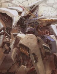  after_battle cable commentary_request damaged earth_federation exposed_internal_machinery gundam gundam:_hathaway's_flash hangar highres mecha mecha_focus mobile_suit molai no_humans open_hatch penelope_(hathaway's_flash) realistic robot science_fiction shield thrusters v-fin 