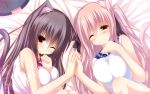  animal_ears black_hair blush breasts cat_ears cat_tail clenched_hand hand_holding highres holding_hands long_hair lying mia_flatpaddy multiple_girls on_back orange_eyes original pink_hair shia_flatpaddy smile syroh tail wink 