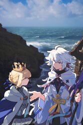  1boy 1girl absurdres ahoge armor armored_dress artoria_pendragon_(fate) black_shirt blonde_hair blue_cape blue_ribbon braid braided_base breastplate bun_with_braided_base cape chinese_commentary closed_mouth clouds commentary_request crown day dress eye_contact fate_(series) fur-trimmed_cape fur_trim gauntlets green_eyes hair_between_eyes hair_bun hair_ornament hair_ribbon highres holding holding_staff holding_sword holding_weapon hooded_robe long_hair long_sleeves looking_at_another luciaicefish mage_staff merlin_(fate) no_mouth outdoors photo_background ribbon robe rock saber_(fate) shirt single_hair_bun smile staff sweater_guard sword tassel turtleneck turtleneck_shirt violet_eyes water weapon white_hair white_robe wide_sleeves 