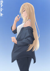  1girl absurdres alternate_costume artist_name atodashi bismarck_(kancolle) blonde_hair blue_background blue_eyes blue_jacket blue_pants breasts casual closed_mouth clothes_pull commentary_request feet_out_of_frame from_side hand_up highres jacket jacket_pull jewelry kantai_collection long_hair long_sleeves looking_at_viewer looking_to_the_side open_clothes open_jacket pants ring shirt simple_background solo standing strapless strapless_shirt twitter_username wedding_ring white_shirt 