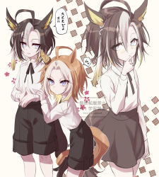  2girls aged_down ahoge animal_ears black_hair black_ribbon black_shorts blue_eyes brown_hair closed_mouth collared_shirt commentary_request dream_journey_(umamusume) ear_covers eyewear_strap glasses hair_between_eyes highres holding_another's_arm horse_ears horse_girl horse_tail long_sleeves looking_at_viewer medium_hair multicolored_hair multiple_girls neck_ribbon open_mouth orange_hair orfevre_(umamusume) ribbon shirt shorts single_ear_cover speech_bubble streaked_hair tail two-tone_hair umamusume white_hair white_shirt yue_(lov_n_n) 