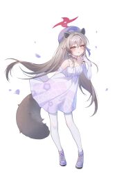  1girl :t absurdres animal_ears bell beret blue_archive blush choker collarbone commentary dress elbow_gloves falling_petals full_body glint gloves grey_hair gyuromi158 halo hat highres jingle_bell looking_at_viewer michiru_(blue_archive) michiru_(dress)_(blue_archive) neck_bell official_alternate_costume pantyhose petals pink_halo purple_choker purple_hat purple_shoes raccoon_ears raccoon_girl raccoon_tail shoes shuriken_earrings simple_background solo tail untranslatable_commentary white_background white_dress white_gloves white_pantyhose yellow_eyes 