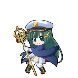  1girl aqua_eyes asa_no_ha_(pattern) belt black_boots black_outline blue_haori blunt_sidelocks blush boots chibi chibi_only closed_mouth coat floating_clothes floating_hair full_body game_asset gloves green_hair hair_ornament haori haori_on_shoulders hat hatsune_miku hatsune_miku_graphy_collection holding holding_staff japanese_clothes long_hair looking_at_viewer military_uniform outline pants peaked_cap sidelocks smile solo staff standing transparent_background v-shaped_eyebrows very_long_hair vocaloid white_belt white_coat white_gloves white_pants x_hair_ornament 