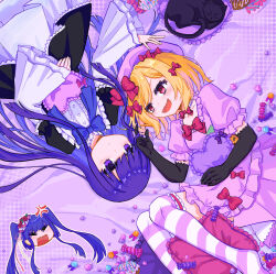  2girls absurdres black_cat black_gloves blonde_hair blue_eyes blue_hair candy cat chibi chibi_inset dress elbow_gloves food frederica_bernkastel frilled_dress frills furudo_erika gloves gothic_lolita heart highres kneehighs lambdadelta lolita_fashion lying multiple_girls on_back on_bed pink_dress pink_eyes ribbon socks umineko_no_naku_koro_ni yutsuko 